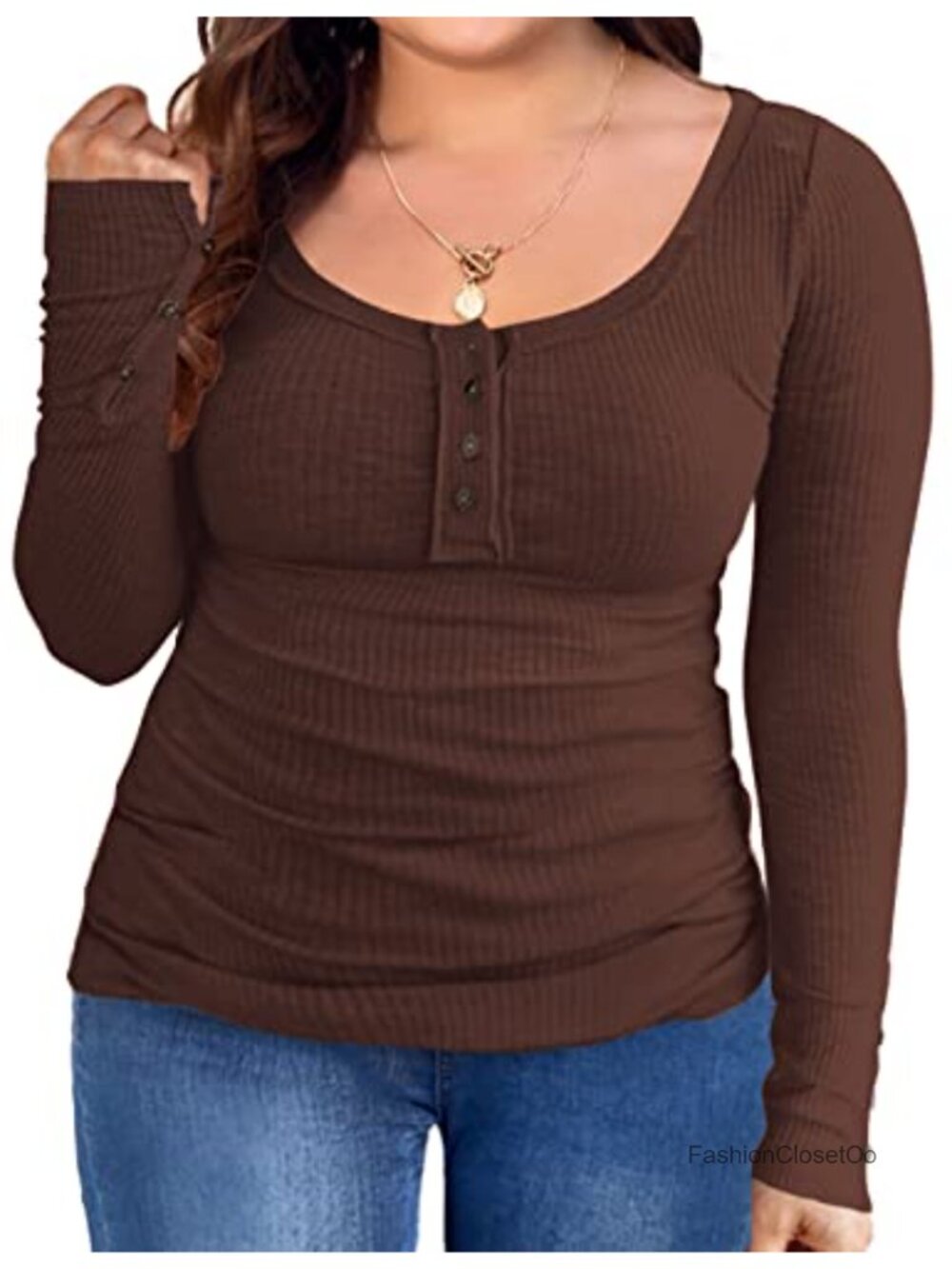 Women's Plus Size Long Sleeve Henley Tunic Blouse Ribbed Knit